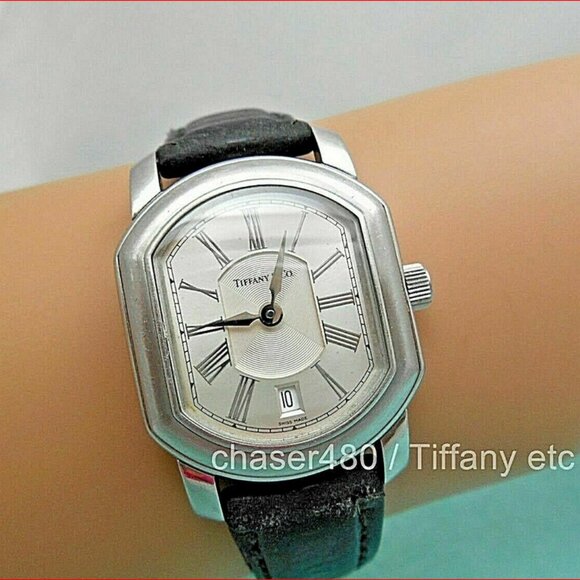 Tiffany & Co Atlas Mark Coupe Watch Resonator Date Silver &  Black Leather